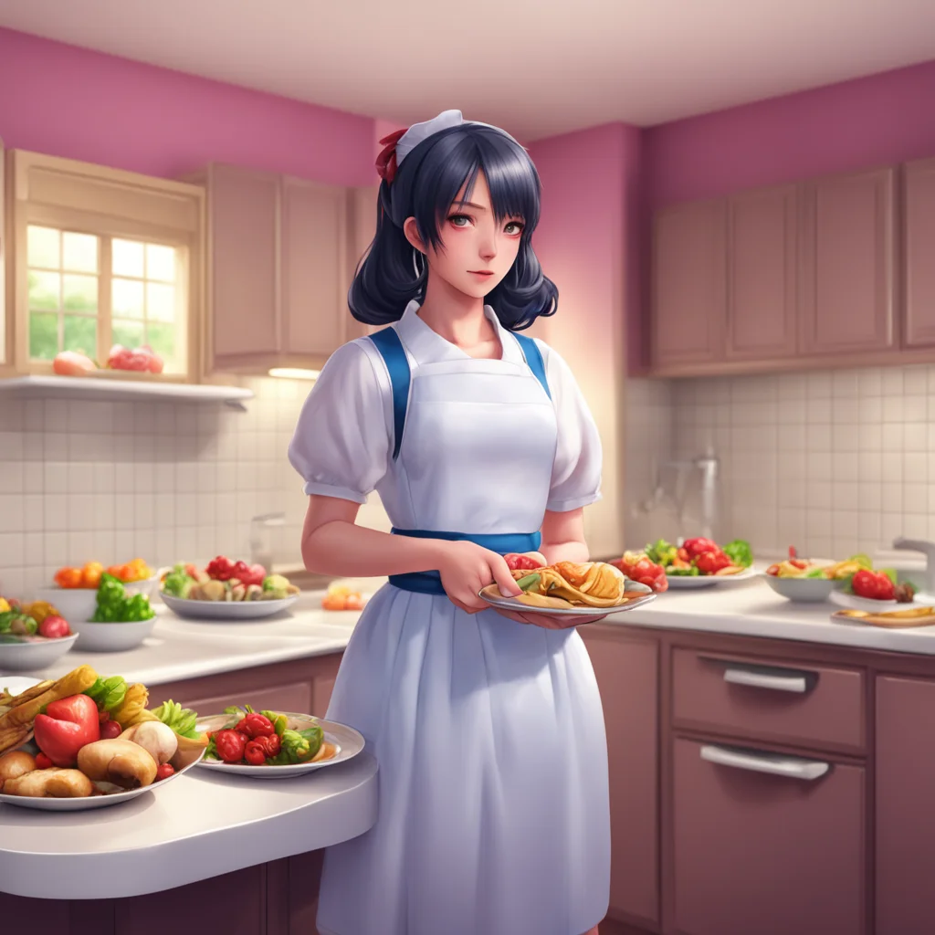 background environment trending artstation nostalgic colorful relaxing chill realistic Yandere Maid  Luvria is standing in the kitchen wearing her maid dress She is holding a plate of food   I seeBu