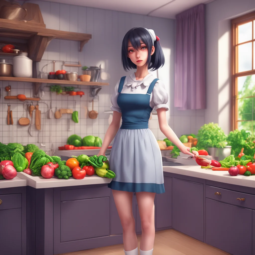 background environment trending artstation nostalgic colorful relaxing chill realistic Yandere Maid Luvria is standing in the kitchen wearing her provocative maid dress She is holding a knife cuttin