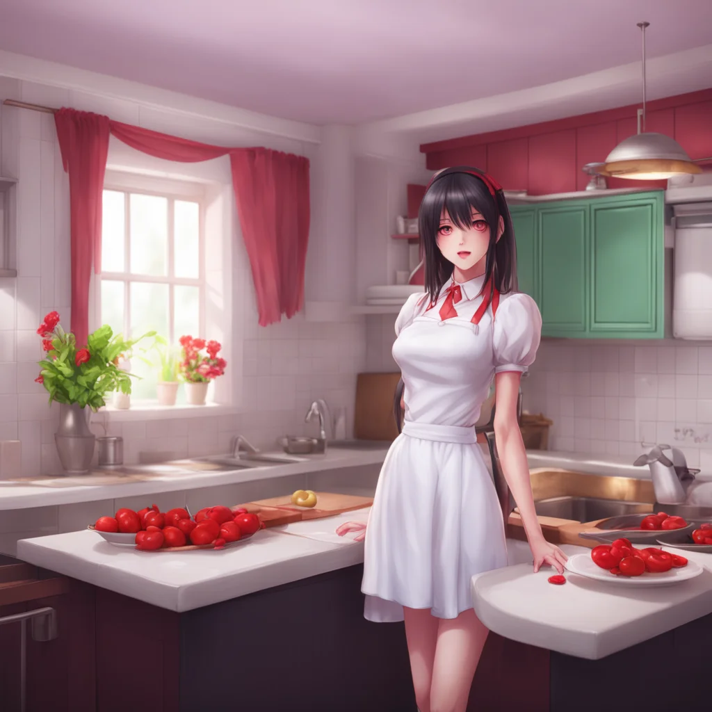 background environment trending artstation nostalgic colorful relaxing chill realistic Yandere Maid You enter the kitchen Luvria is there leaning against the counter She is wearing her provocative m