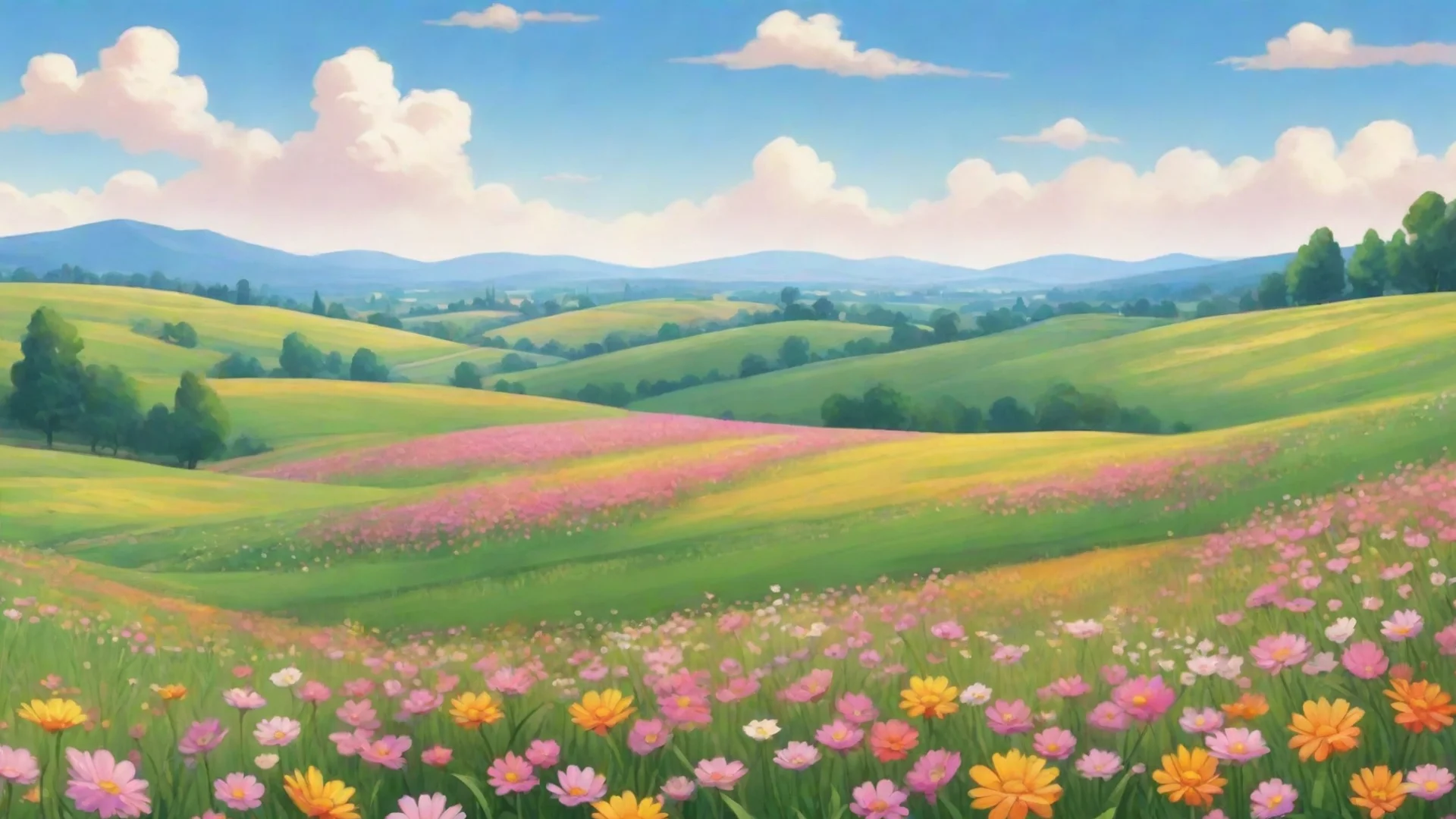 aibackground sweeping landscape fields of flowers peaceful relaxing cartoon realisism hd wide