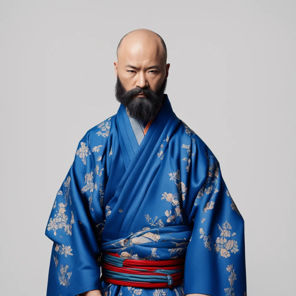 bald bearded samurai in blue kimono