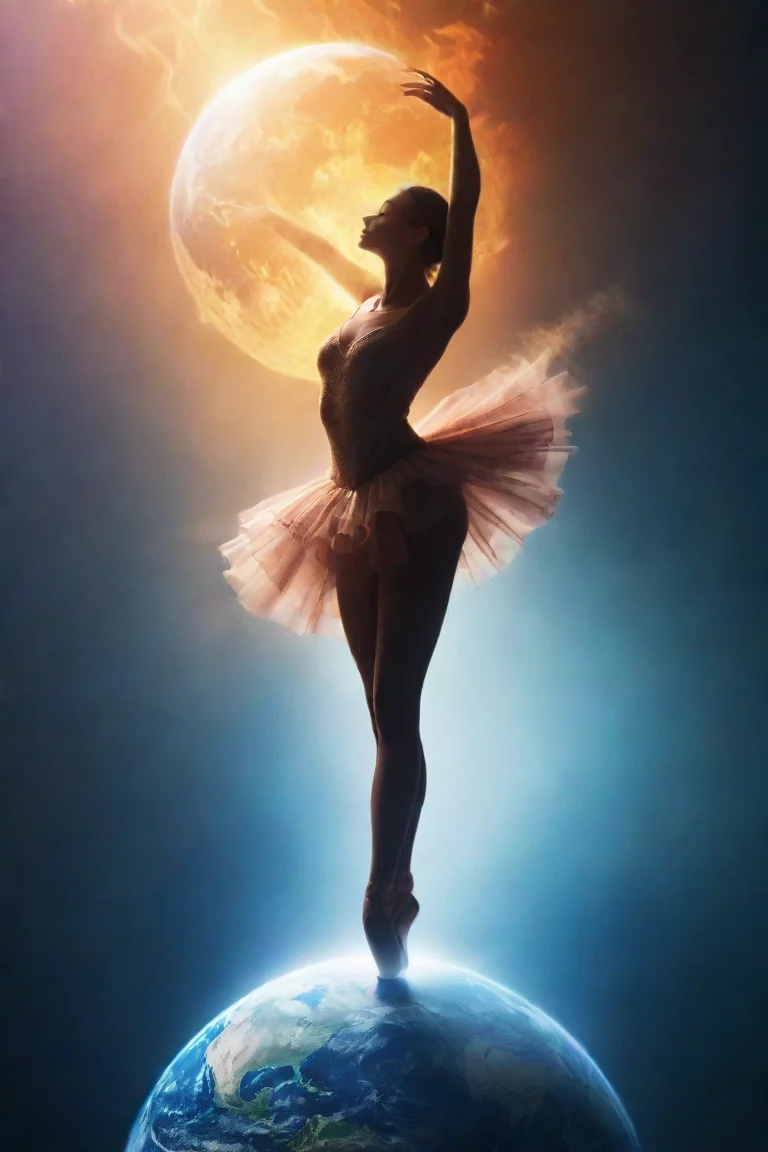 aiballerina dancing on top of the globe%2C dreamy poster%2C earth%2C air%2C fire%2C water%2C silhouette%2C realistic portrait