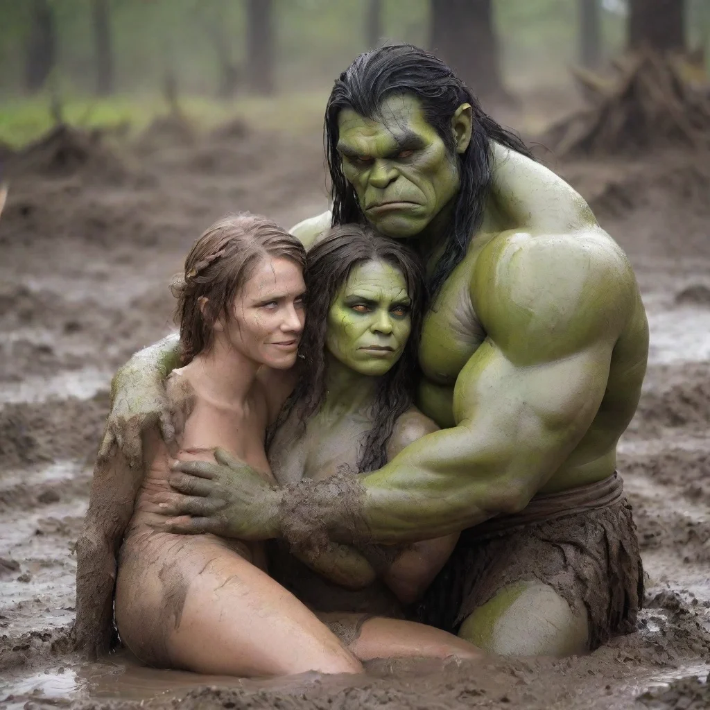 aibarbarian warrior princess and orc king cuddle in mud