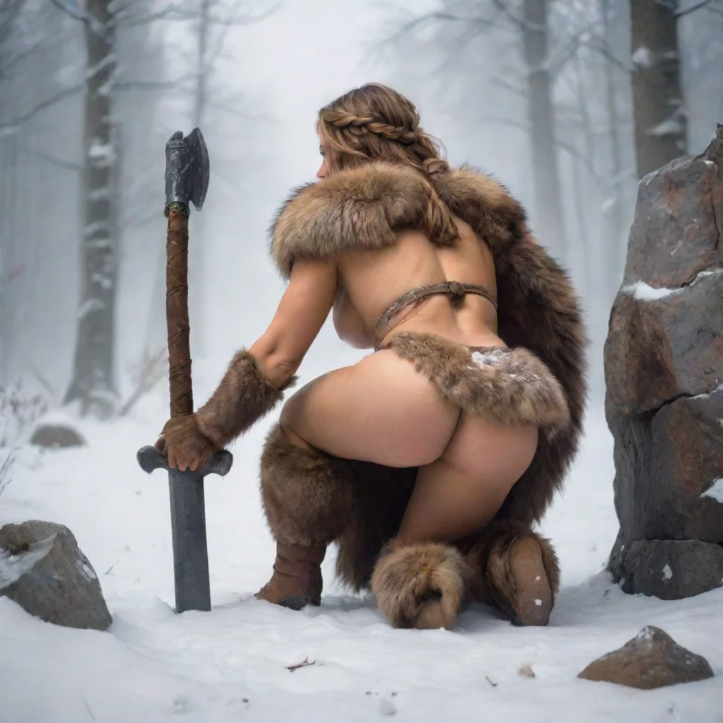 barbarian warrior princess wearing furs kneels down to pick her axe. image from behind.