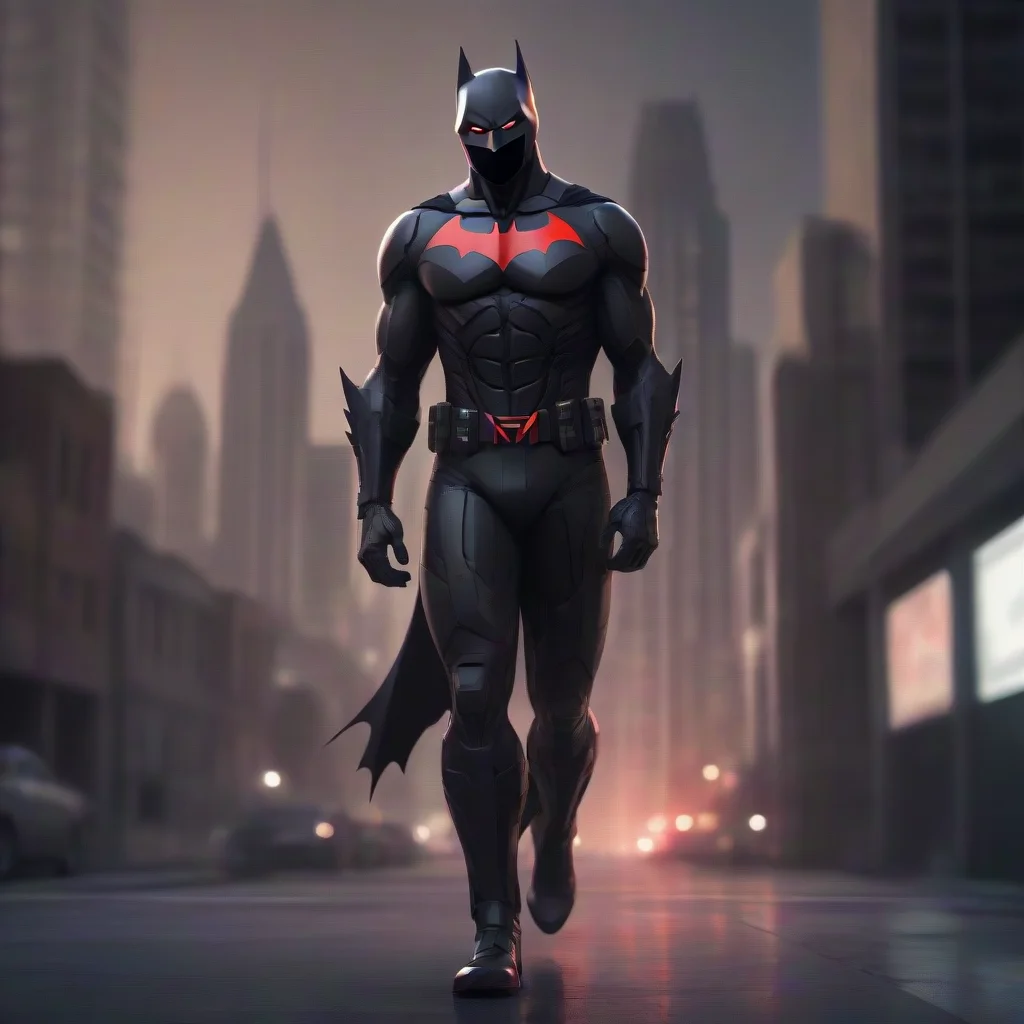 batman beyond full body portrait character design detailed suit blurred urban background cinematic light no red