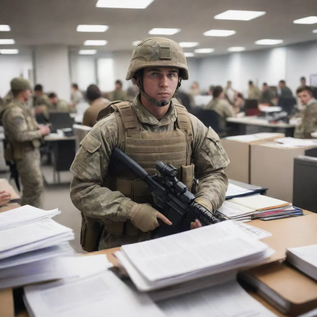 battle field soldier in crowded office