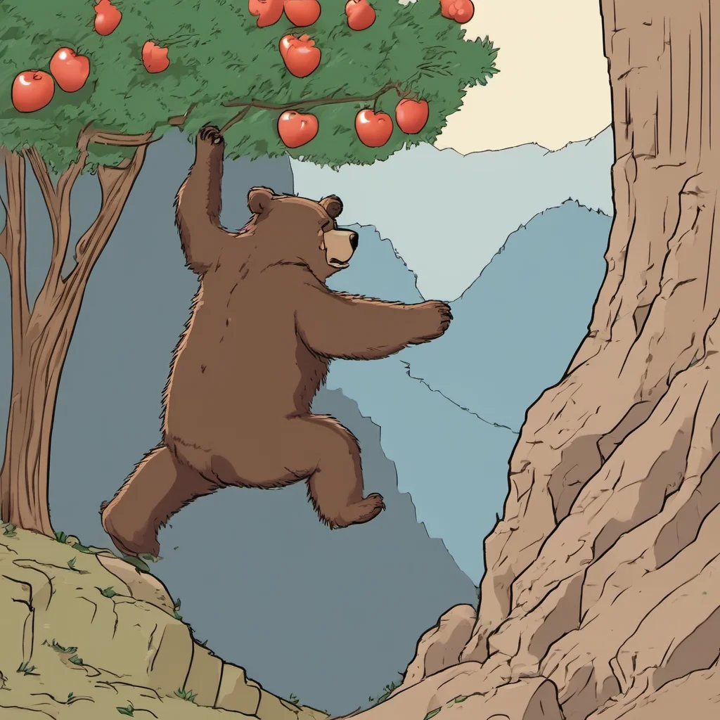 aibear trying to get a fruit from a tree which is at the edge of a cliff. if the bear would try to climb onto the tree it would fall off