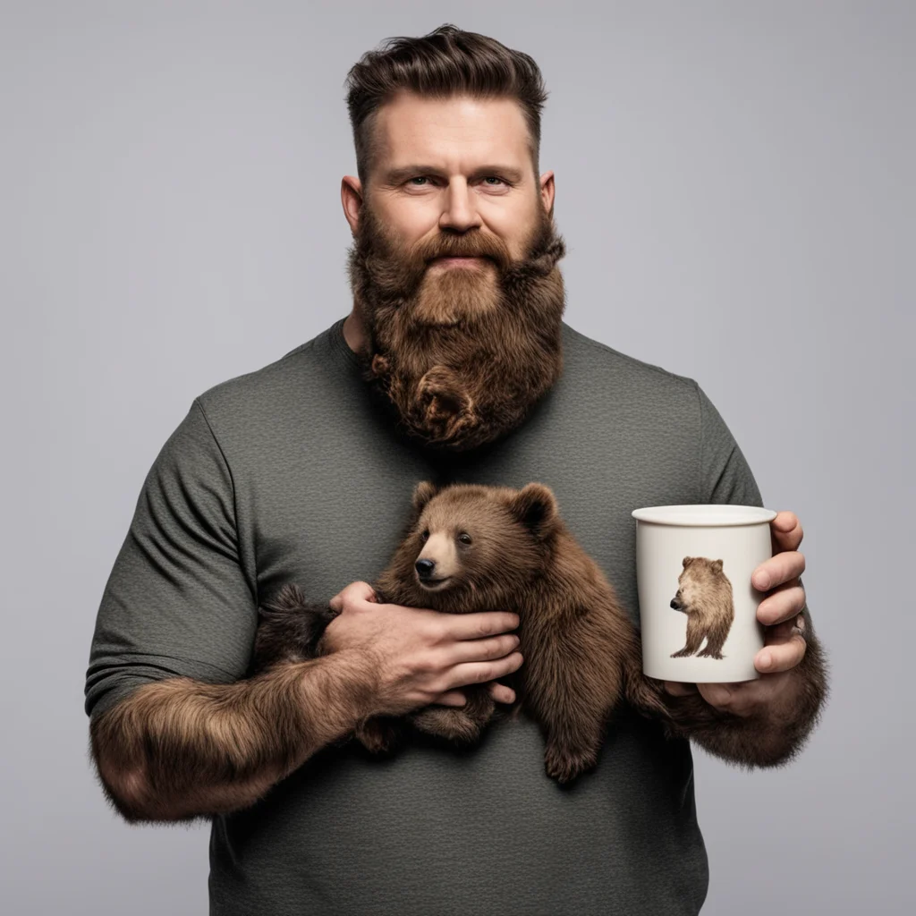 beard man holding baby bear and a bar of bitter and a cup of bear amazing awesome portrait 2