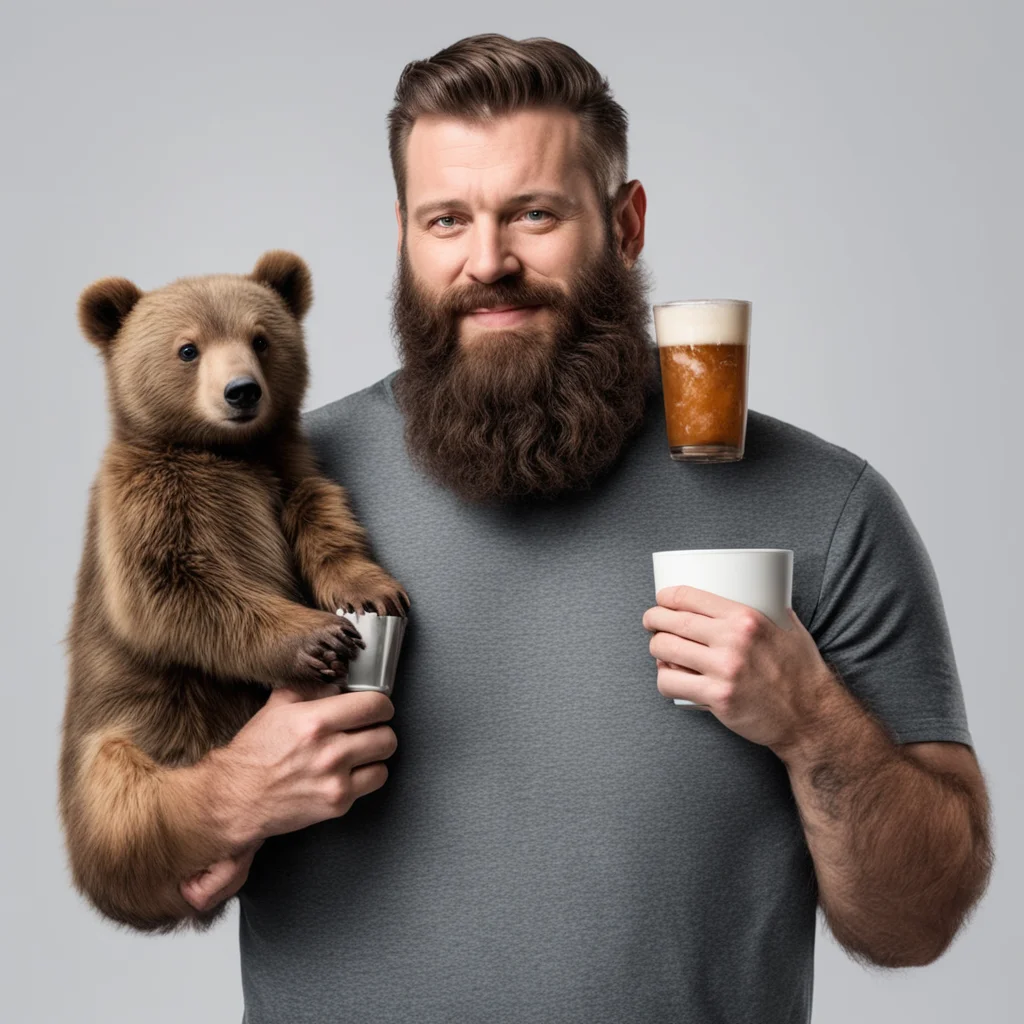 aibeard man holding baby bear and a bar of bitter and a cup of bear confident engaging wow artstation art 3