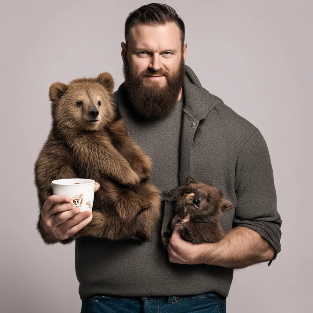 aibeard man holding baby bear and a bar of bitter and a cup of bear good looking trending fantastic 1