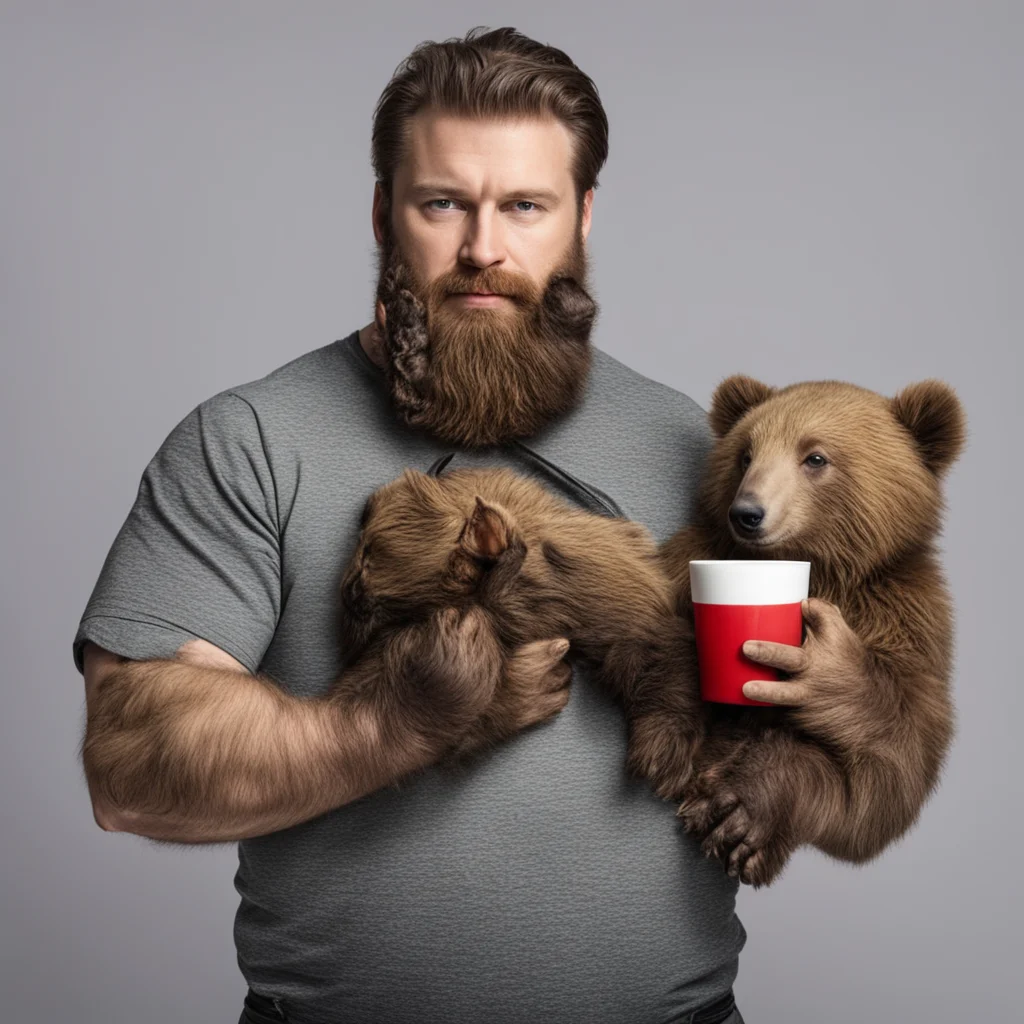 aibeard man holding baby bear and a bar of bitter and a cup of bear