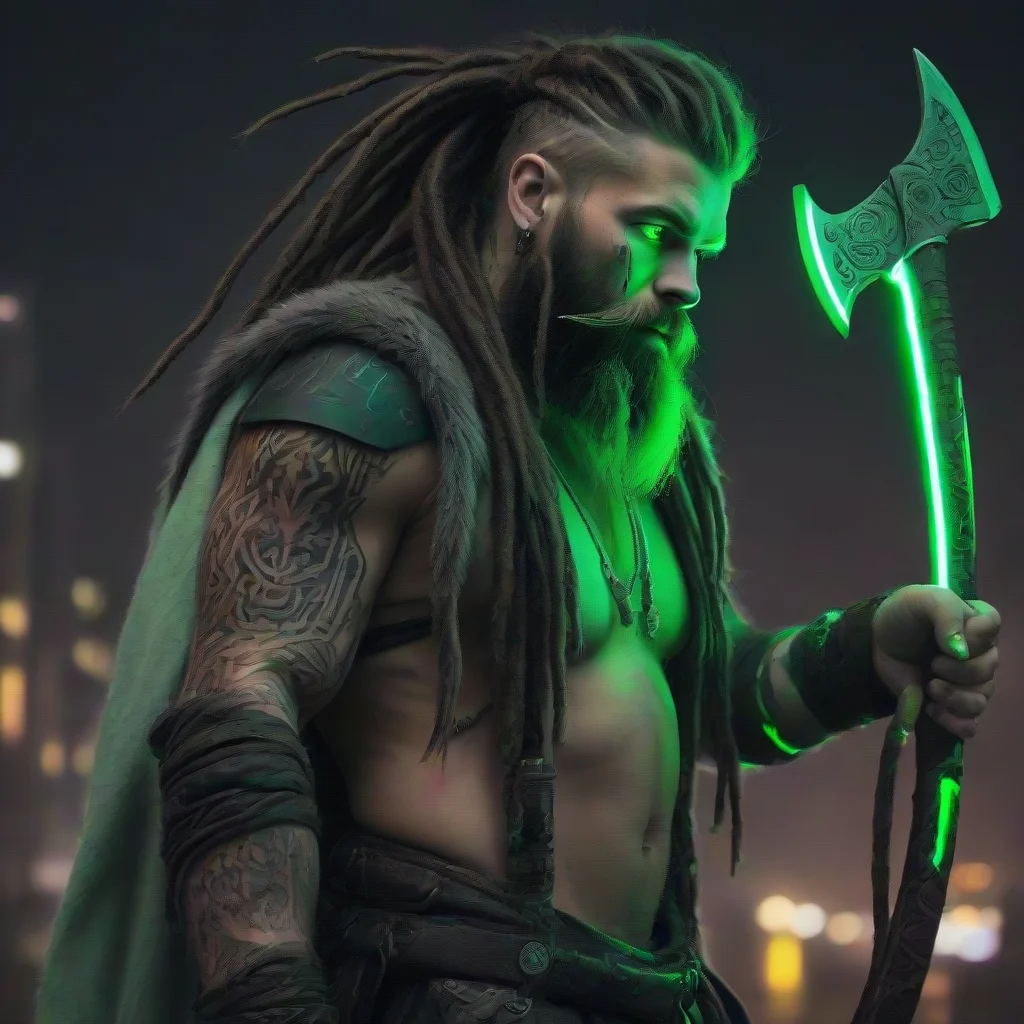aibearded dreadlocks cyberpunk neon viking green glow tattooed odin franzika axe