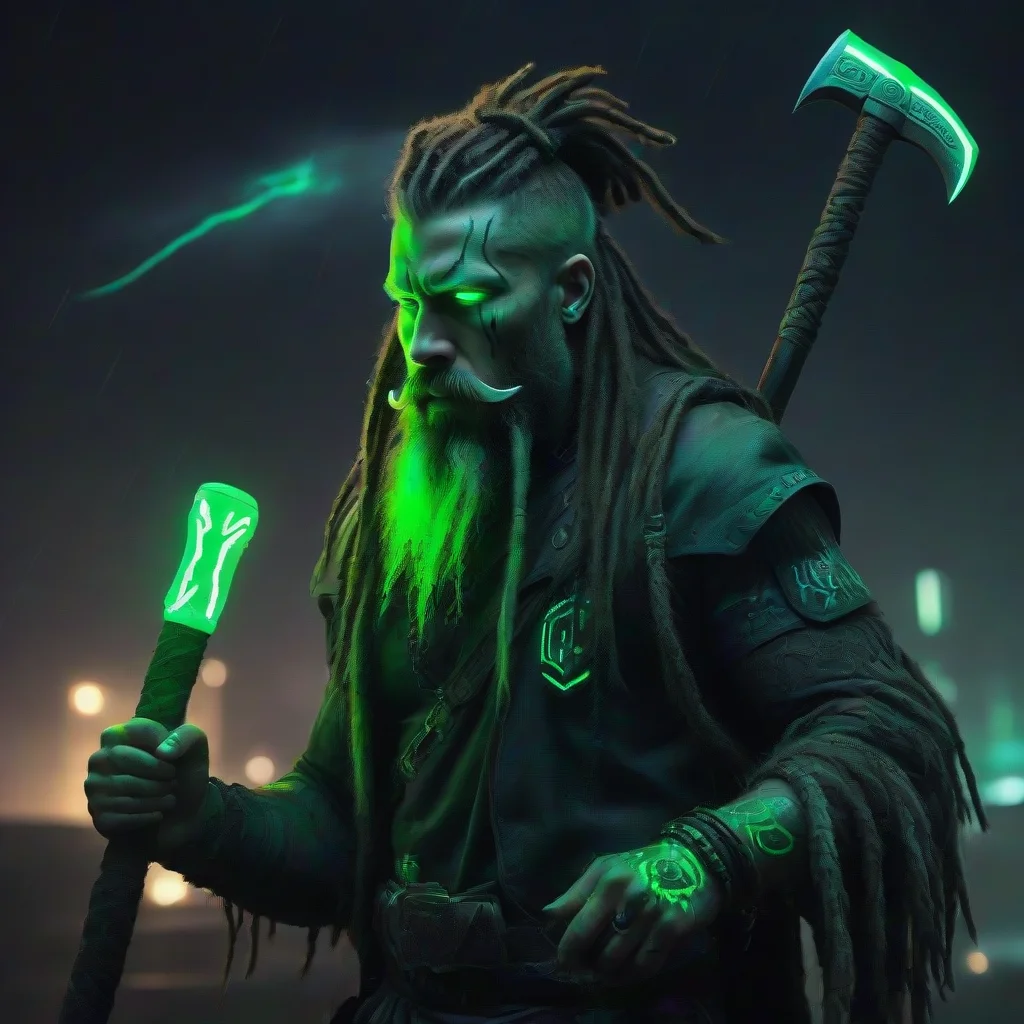 bearded dreadlocks cyberpunk neon viking green glow tattooed odin raven double axe dark wild thunder storm