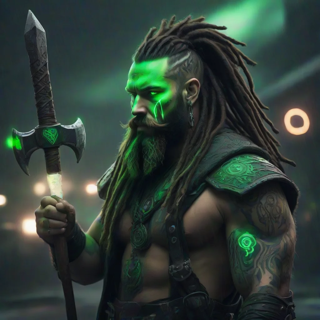 aibearded dreadlocks cyberpunk neon viking sixpack green glowing tattooed odin raven hugin munin double axe dark wild thunder storm ragnar%C3%B6k