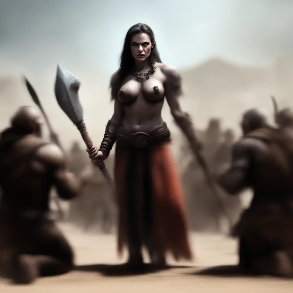 beated barbarian warrior princess surrenders to orcs in desert