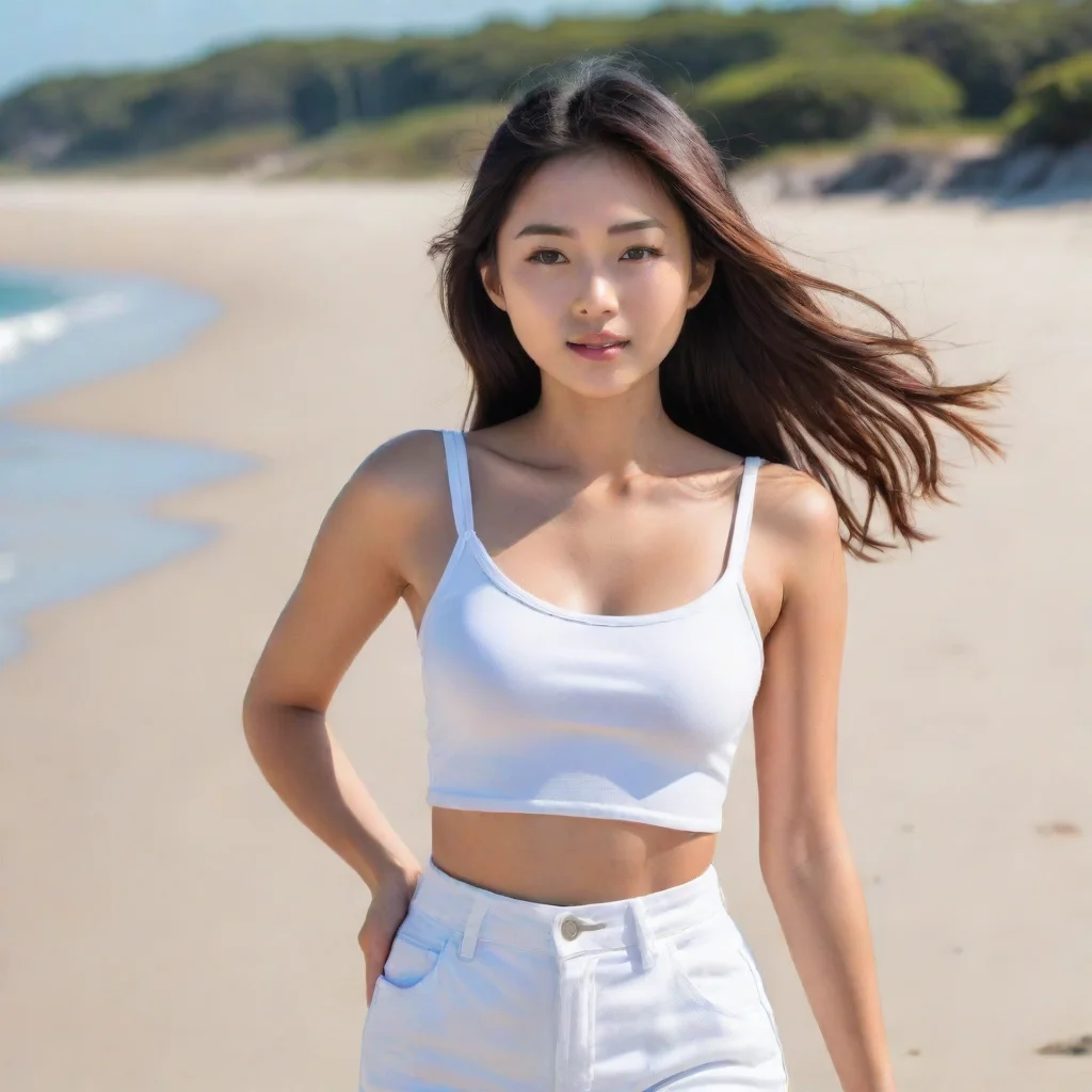 aibeautiful%2C young asian woman walking on the beach on a sunny day facing the camera%2C wearing a white crop top
