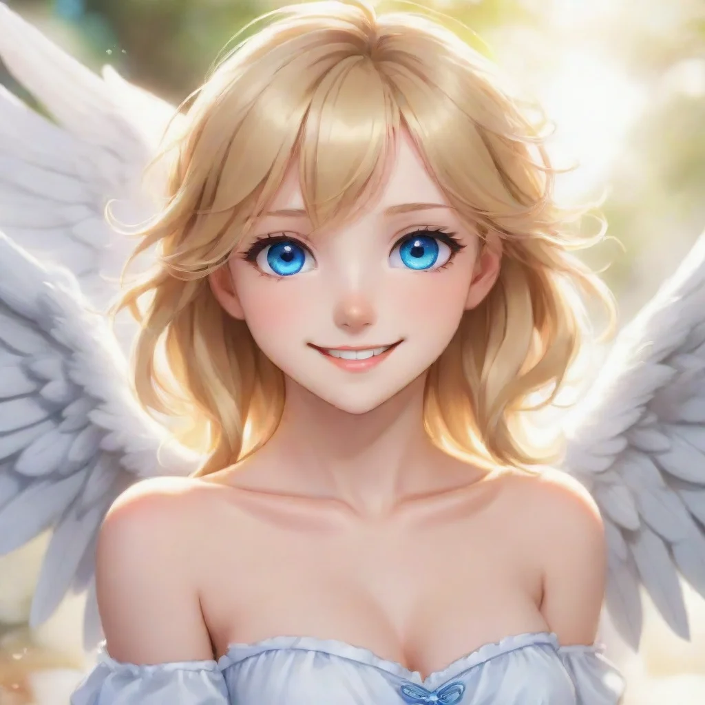 beautiful anime angel with blonde hair and blue eyes smiling
