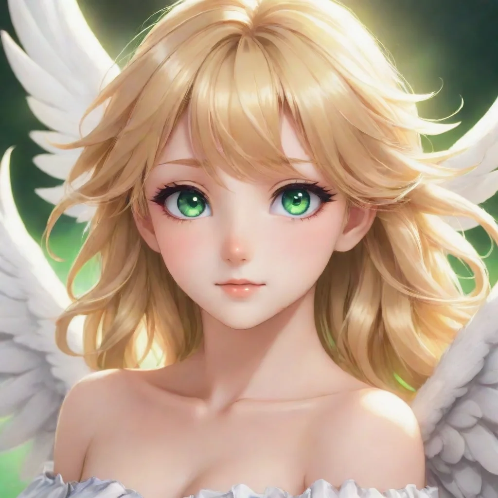 aibeautiful anime angel with blonde hair and green eyes happy