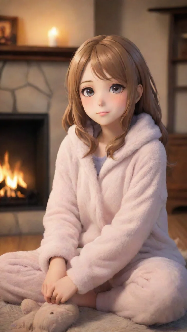 beautiful anime girl sitting in front of a fireplace with a bear skin rug and pajamas to keep warm tall