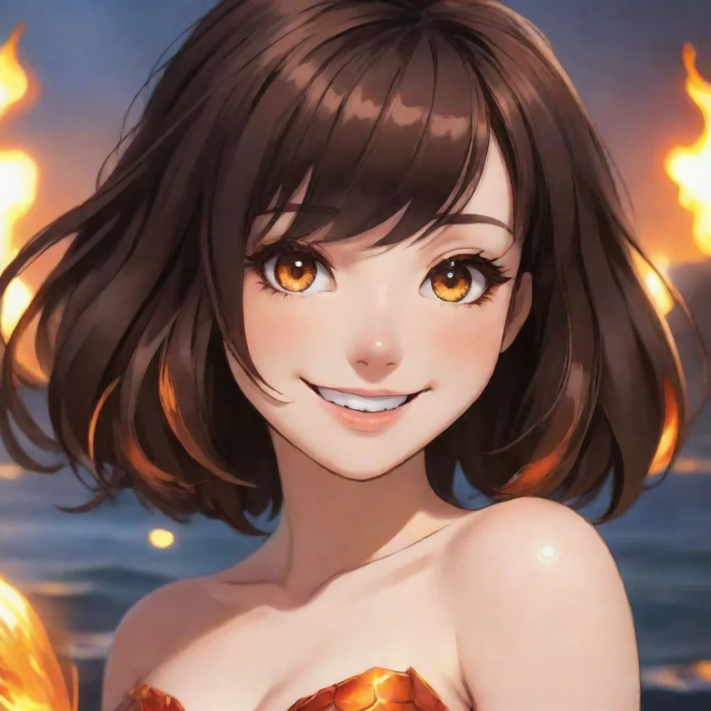 aibeautiful anime mermaid dark brown hair cut into a stylish bob and fiery amber eyes smiling