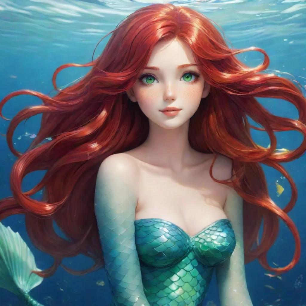 aibeautiful anime mermaid long%2C flowing red hair and vibrant green eyes happy