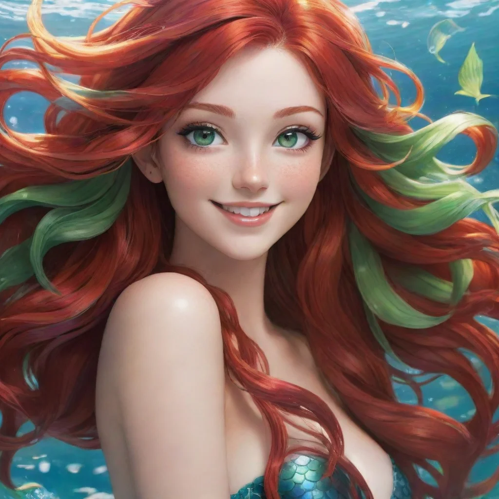 aibeautiful anime mermaid long%2C flowing red hair and vibrant green eyes smiling. 
