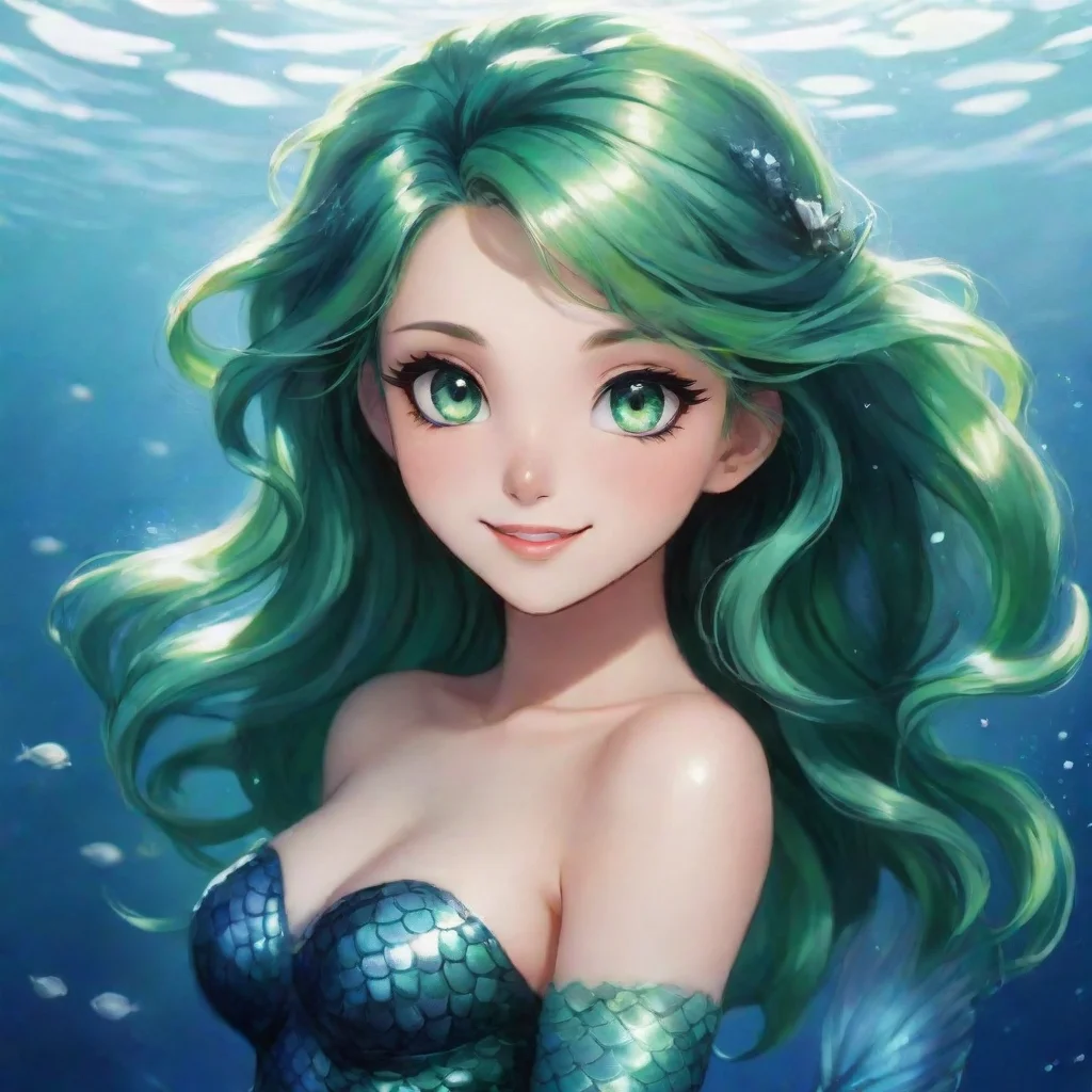 aibeautiful anime mermaid with black and and green eyes smiling