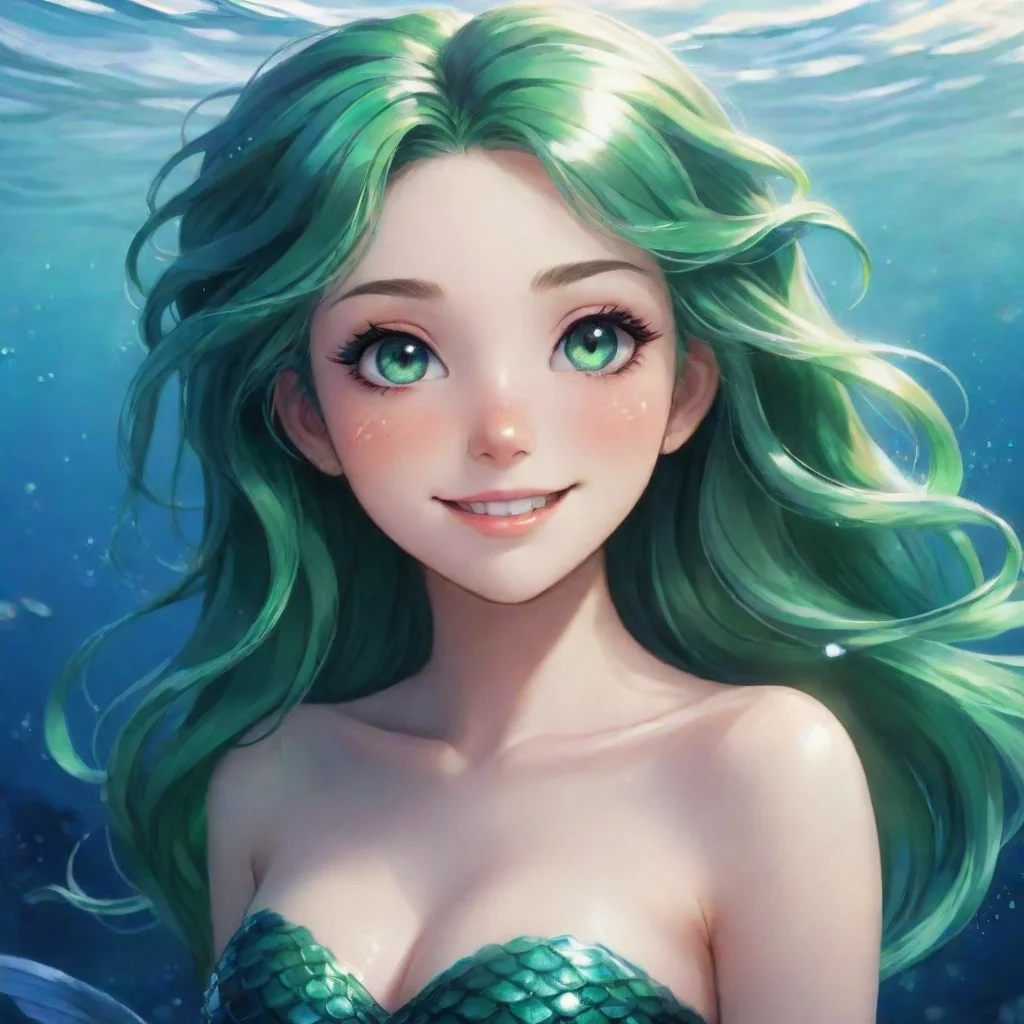 aibeautiful anime mermaid with black and green eyes smiling