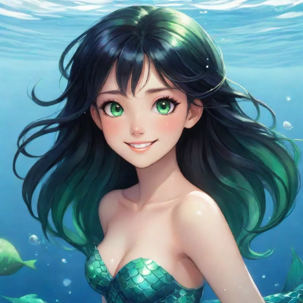 aibeautiful anime mermaid with black hair and and green eyes smiling