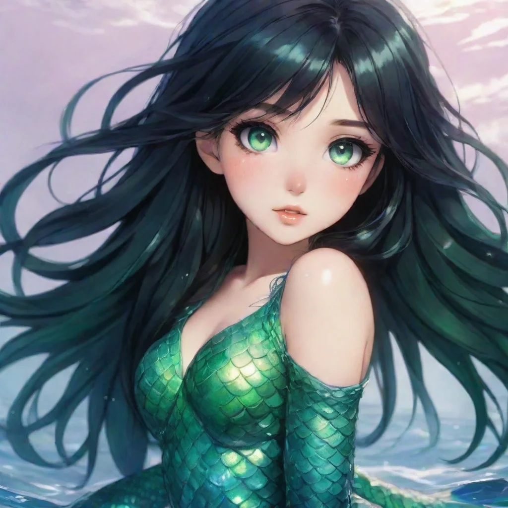 aibeautiful anime mermaid with black hair and and green eyes