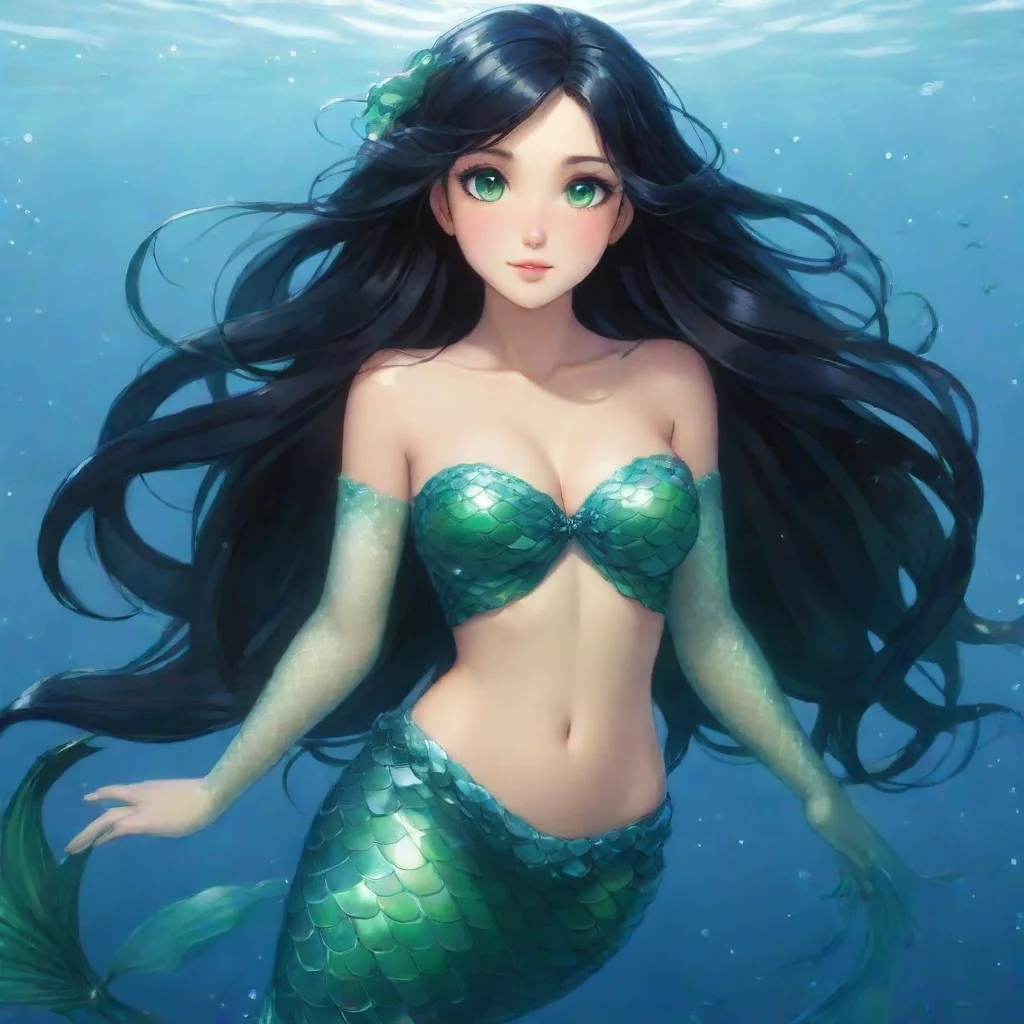 aibeautiful anime mermaid with black hair and green eyes happy