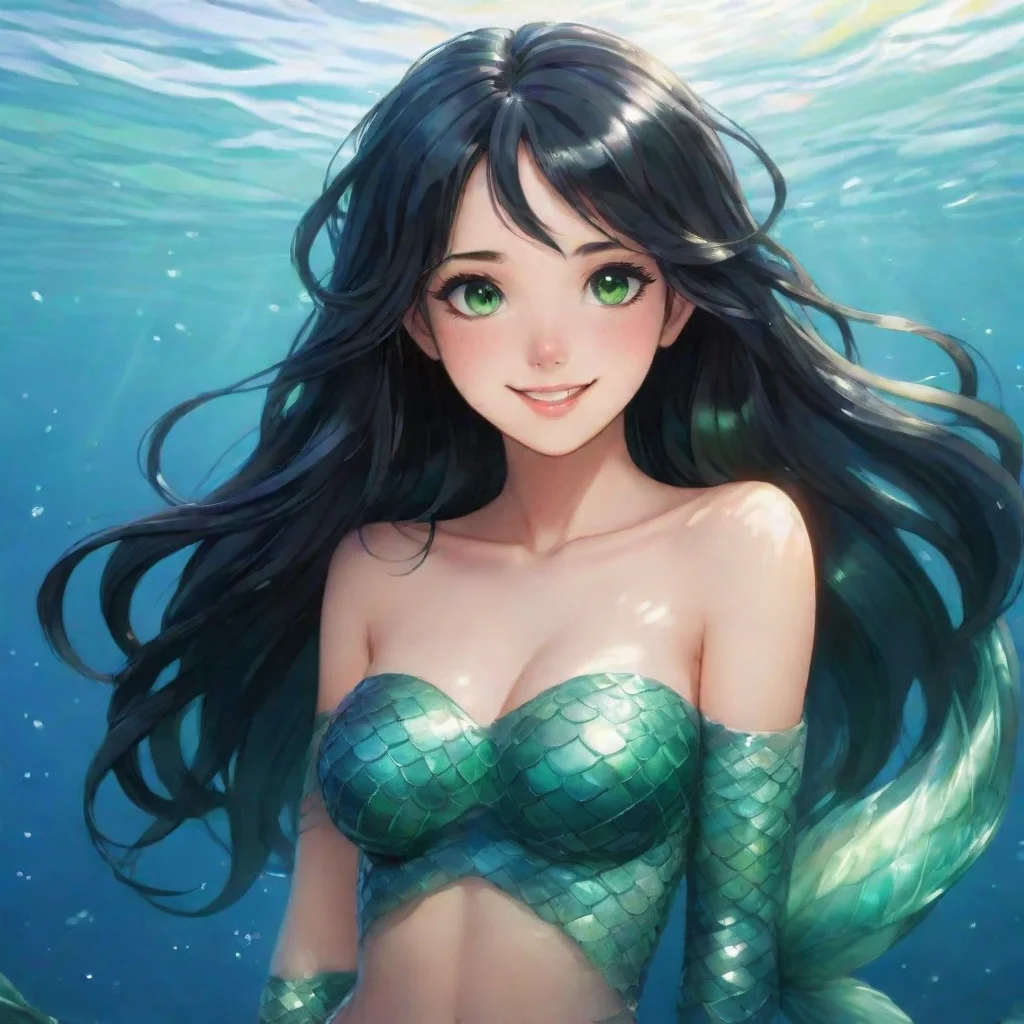 aibeautiful anime mermaid with black hair and green eyes smiling