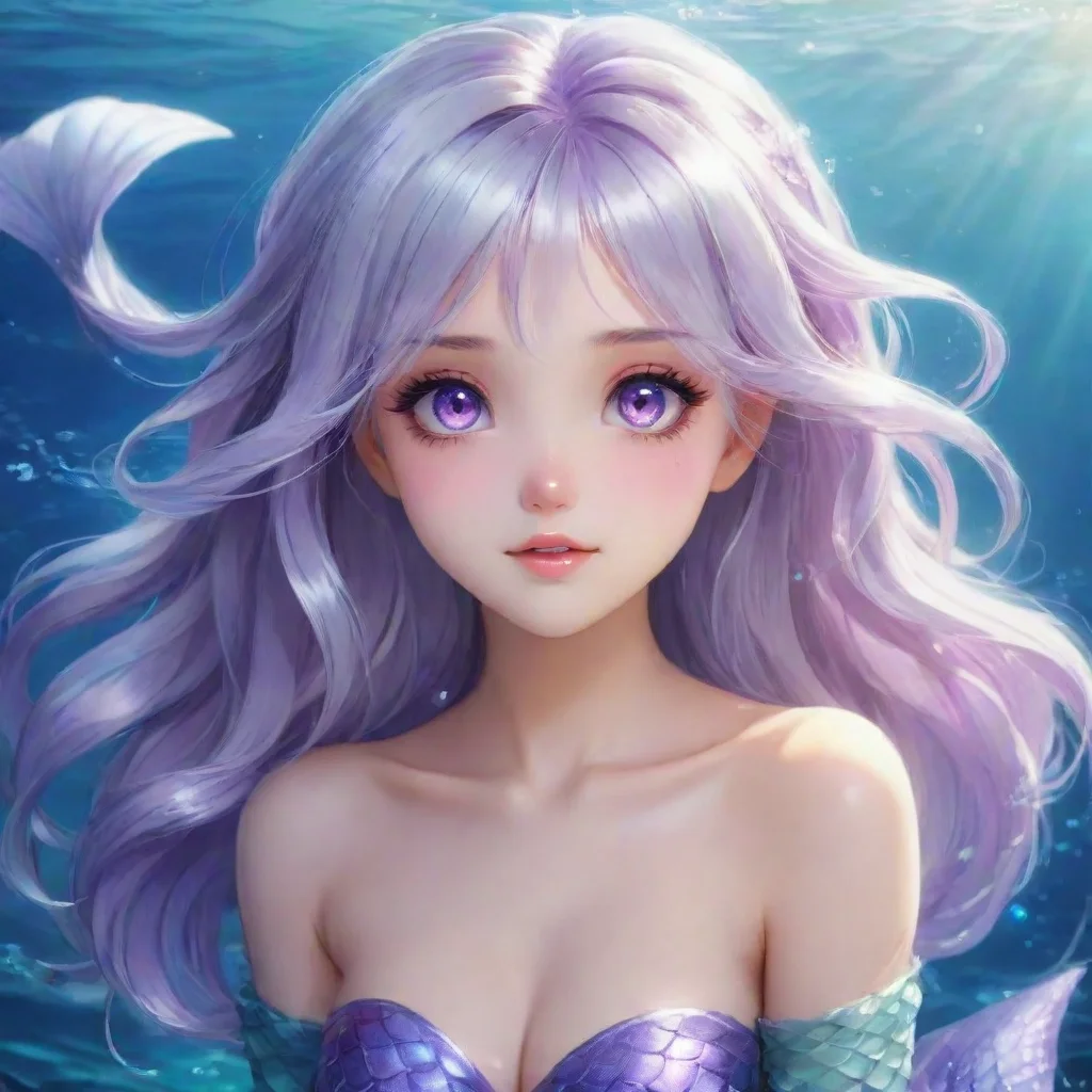 beautiful anime mermaid with silver hair and violet eyes happy
