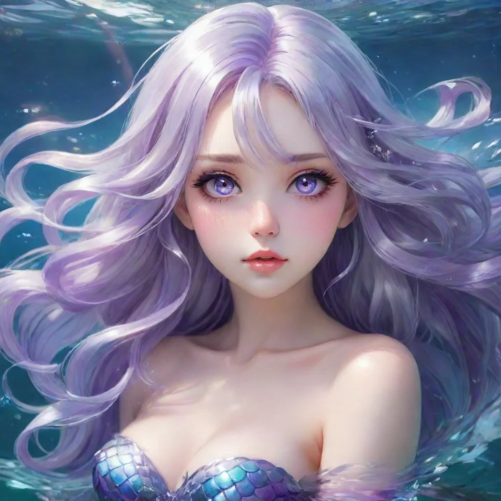 aibeautiful anime mermaid with silver hair and violet eyes