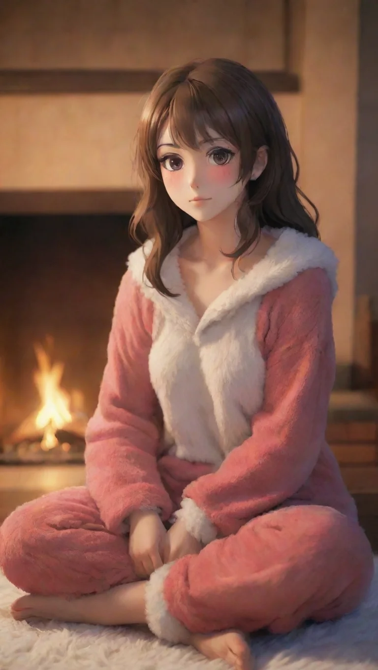 aibeautiful anime woman sitting in front of a fireplace with a bear skin rug and pajamas to keep warm tall