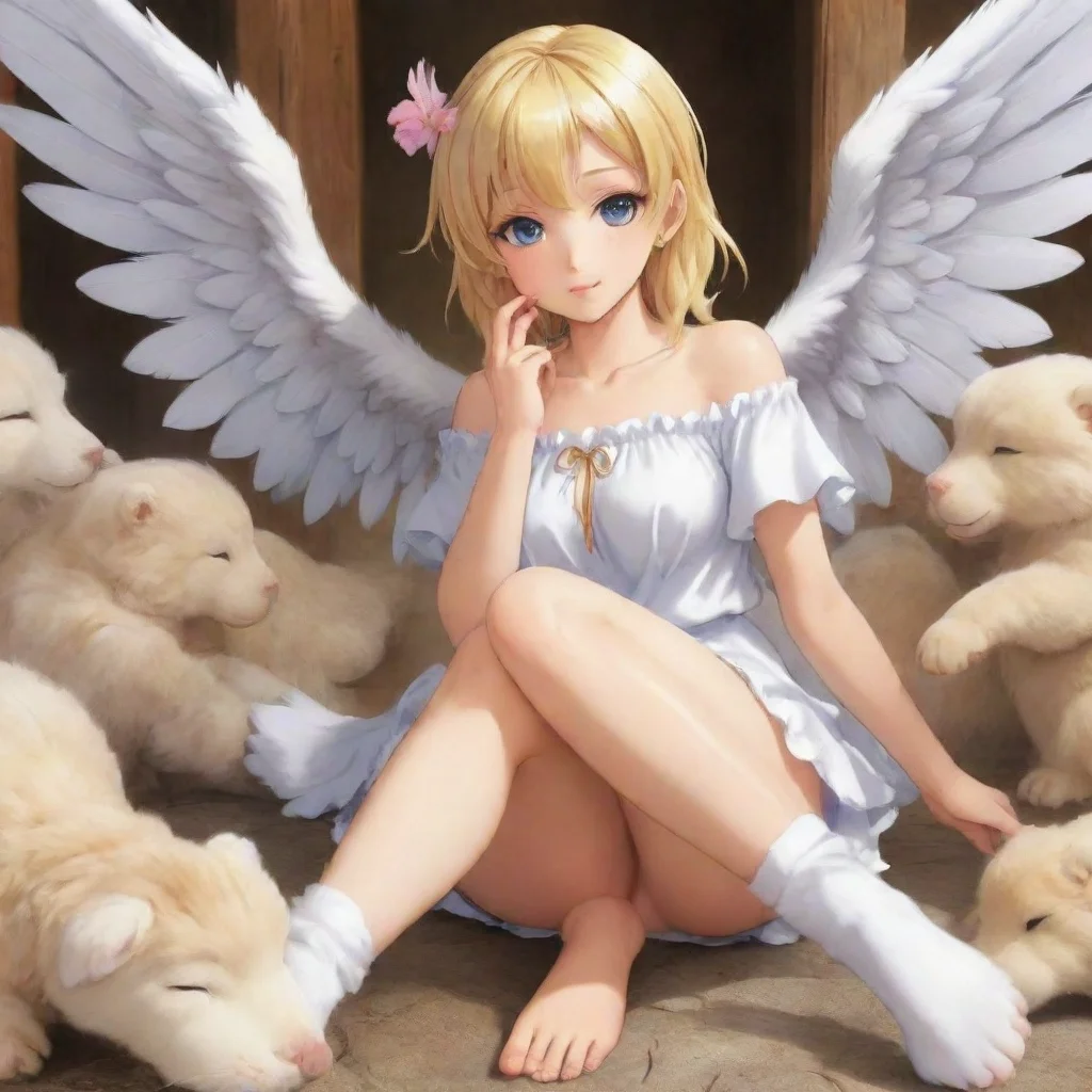 beautiful blonde anime angel getting her feet sniffed and licked by furry animals
