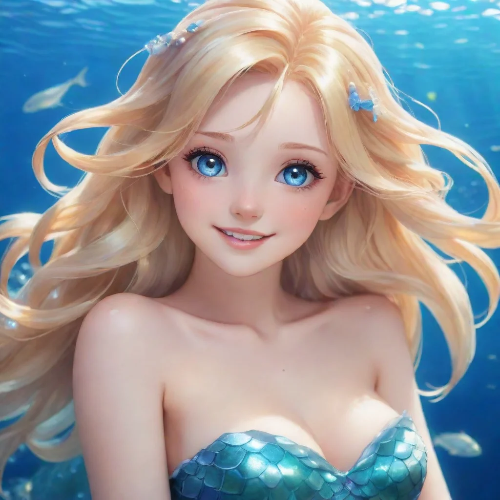 aibeautiful blonde anime mermaid with blue eyes smiling