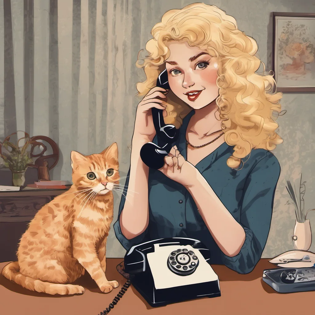 aibeautiful blonde curly girl with cat talking on the telephone amazing awesome portrait 2