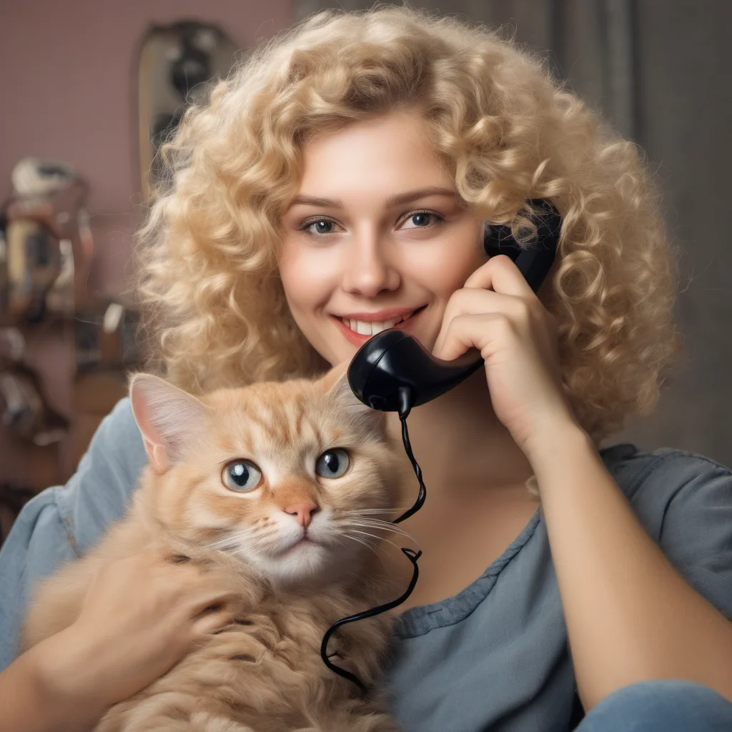 aibeautiful blonde curly girl with cat talking on the telephone good looking trending fantastic 1