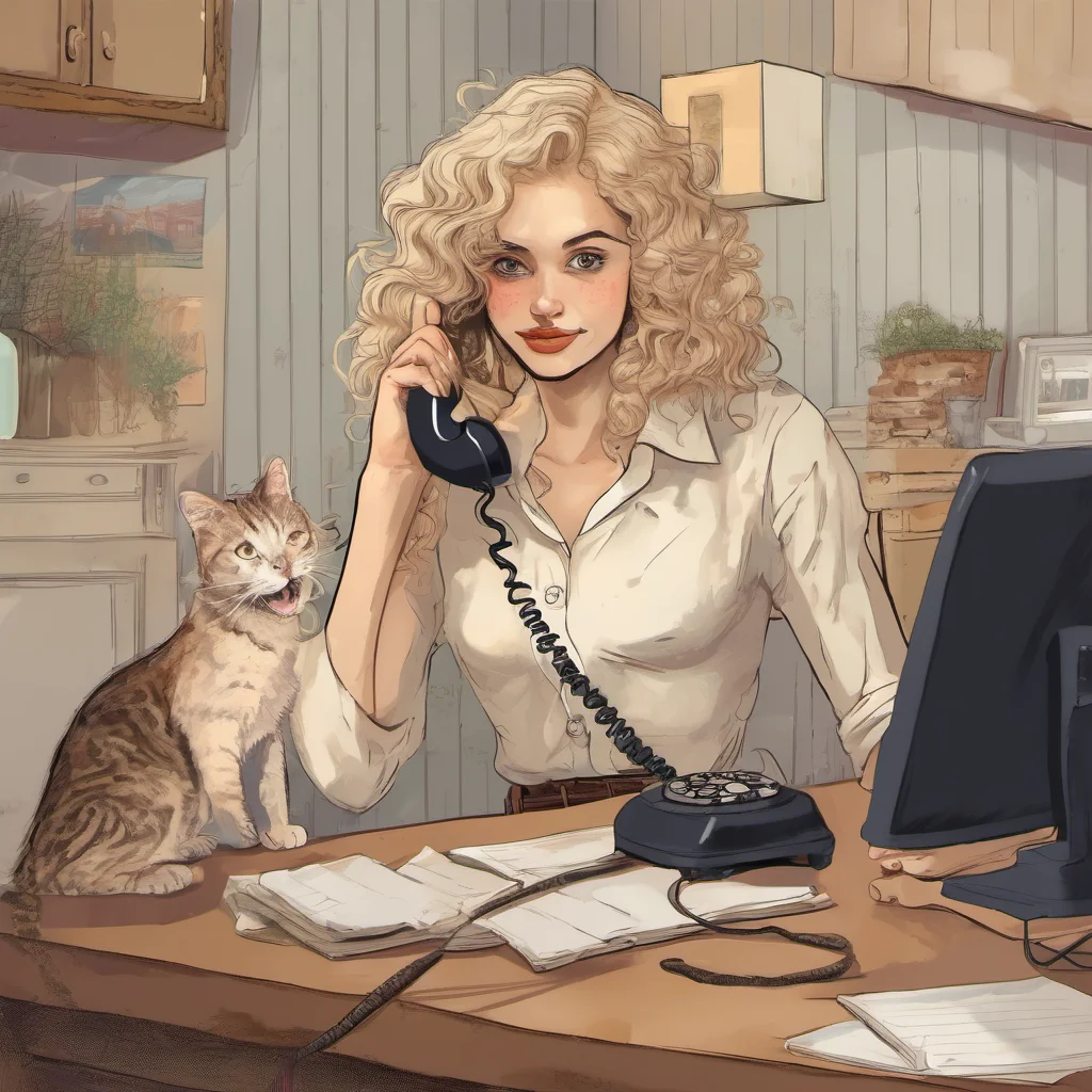 beautiful blonde curly girl with cat talking on the telephone