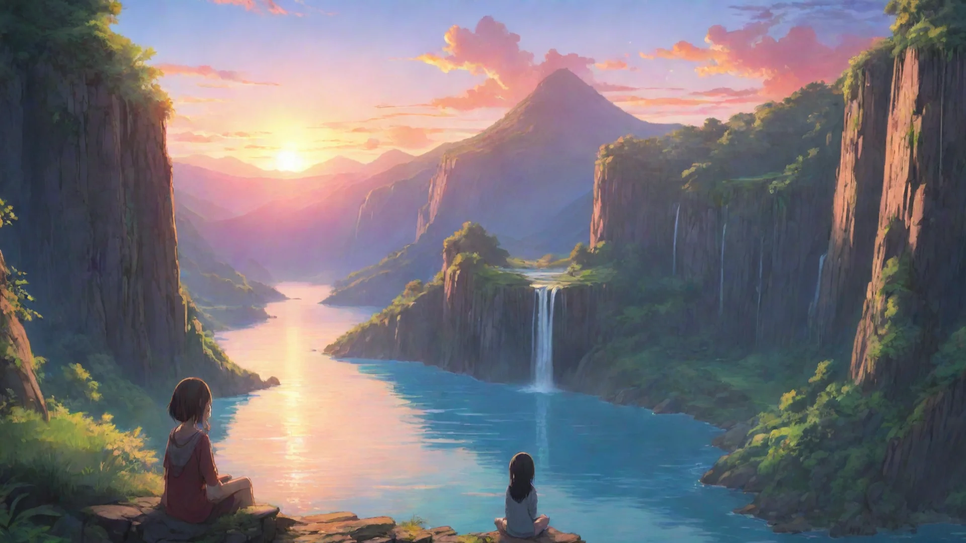 aibeautiful chill anime scene girl sitting relaxing looking over at beautiful landscape water lake cliffs waterfalls extremely colorful sunset wide