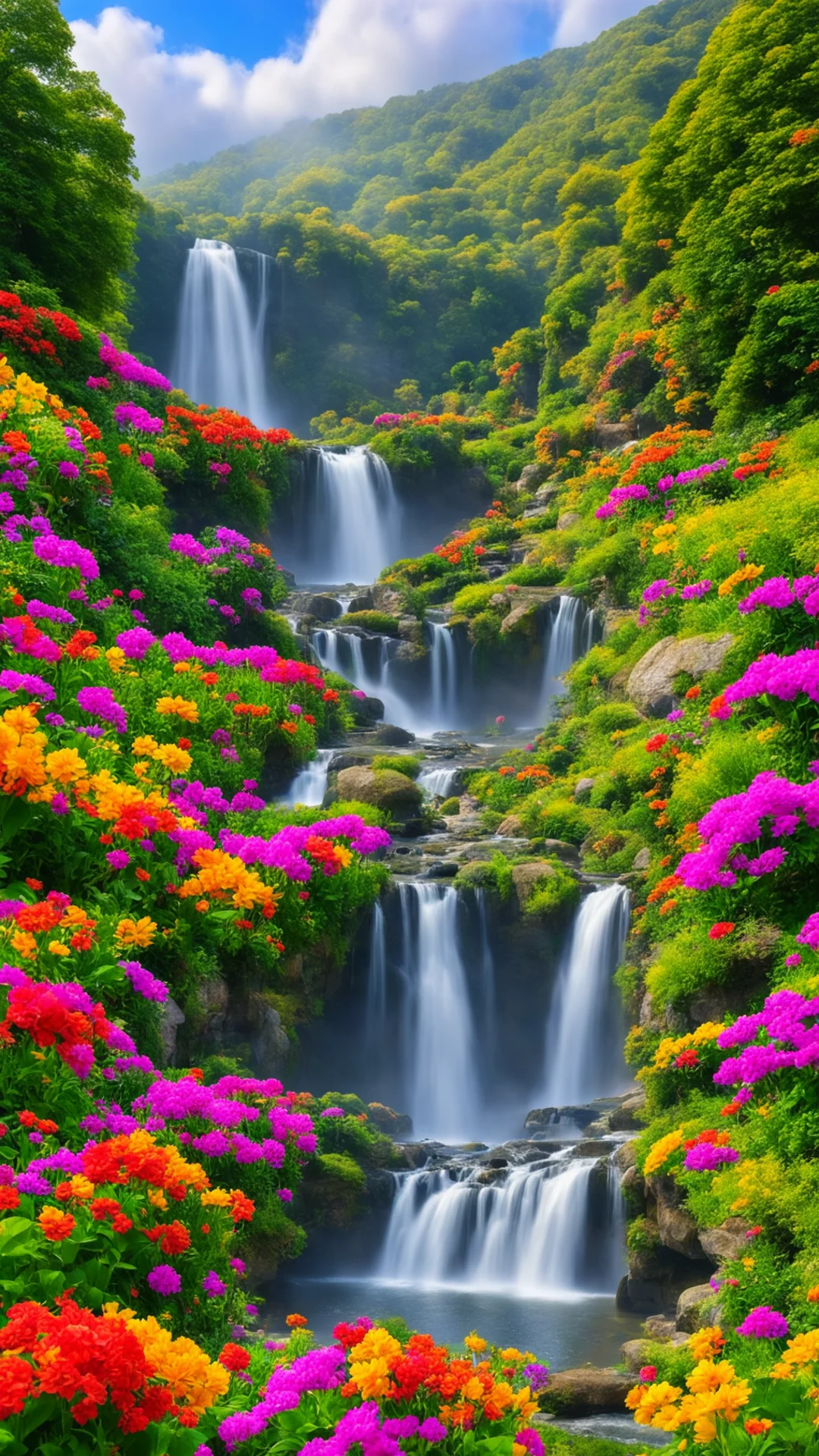 beautiful cottage colourful flowers of all colours red green blue yellows oranges rolling hills beautiful waterfalls stunning scenery giant planet in the sky amazing awesome portrait 2 tall