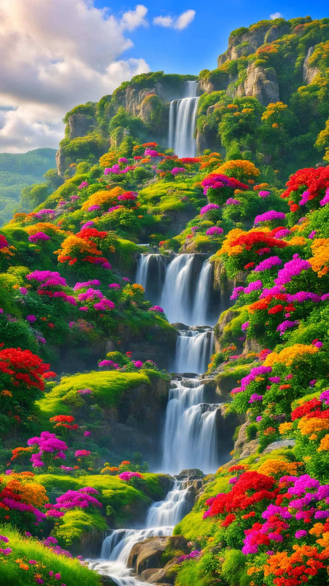 beautiful cottage colourful flowers of all colours red green blue yellows oranges rolling hills beautiful waterfalls stunning scenery giant planet in the sky confident engaging wow artstation art 3 