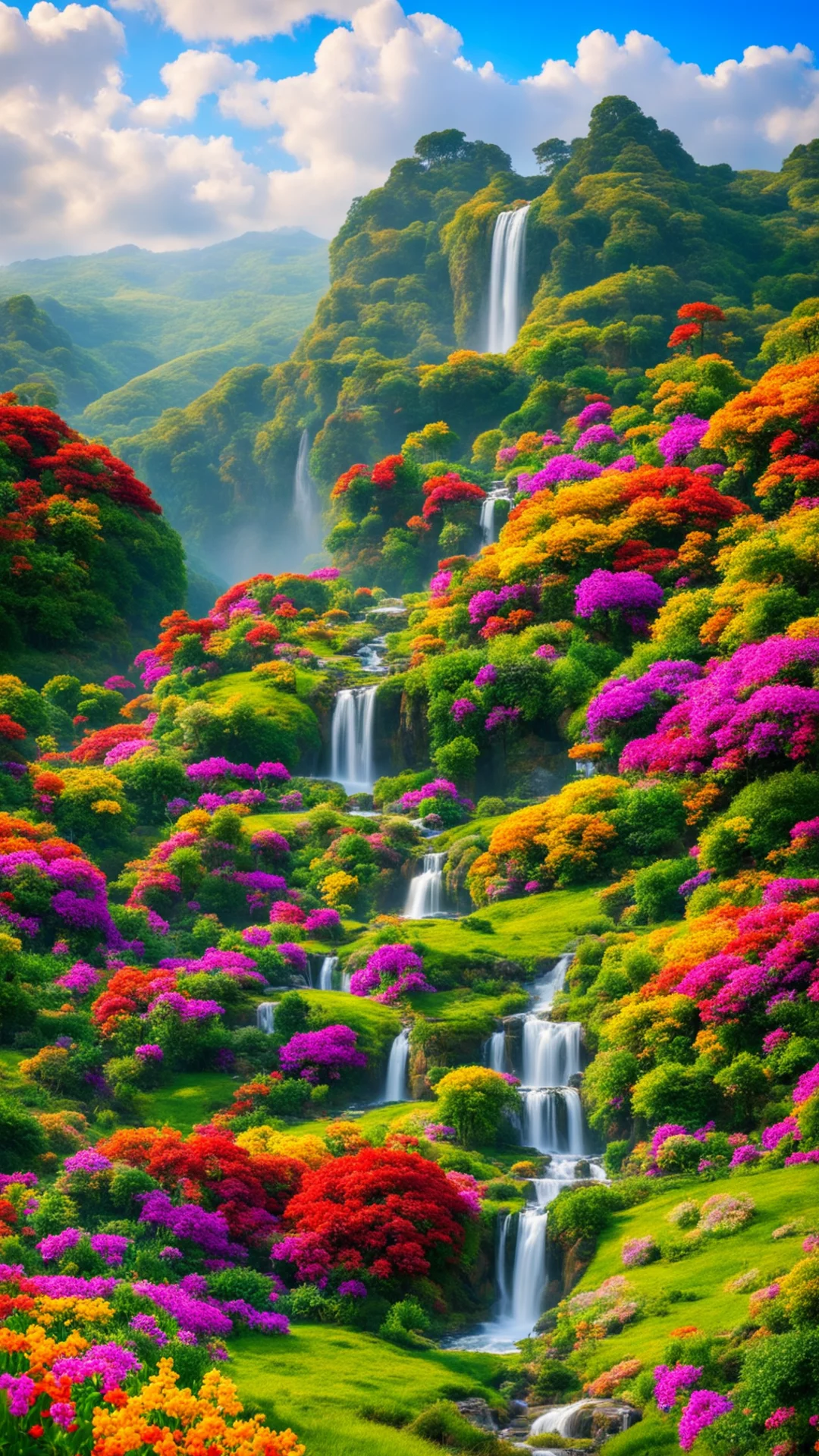beautiful cottage colourful flowers of all colours red green blue yellows oranges rolling hills beautiful waterfalls stunning scenery giant planet in the sky good looking trending fantastic 1 tall.w