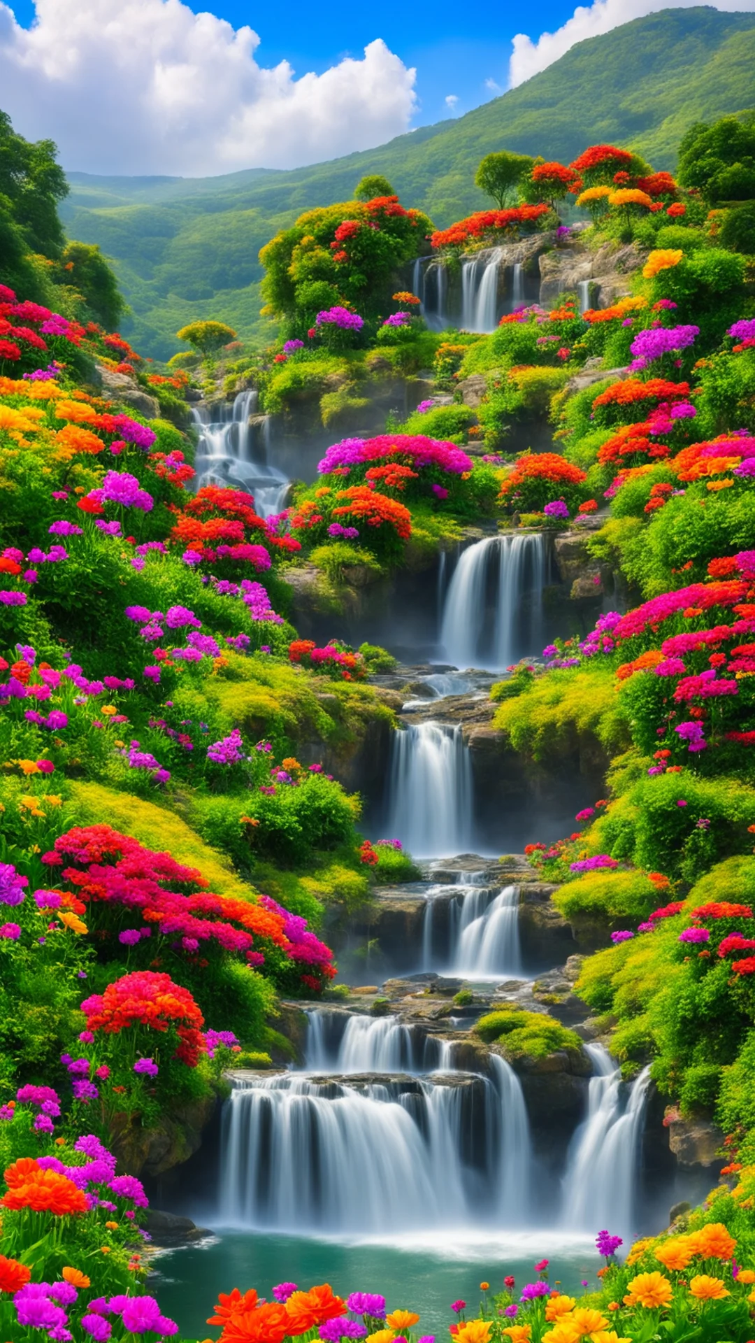 beautiful cottage colourful flowers of all colours red green blue yellows oranges rolling hills beautiful waterfalls stunning scenery giant planet in the sky tall