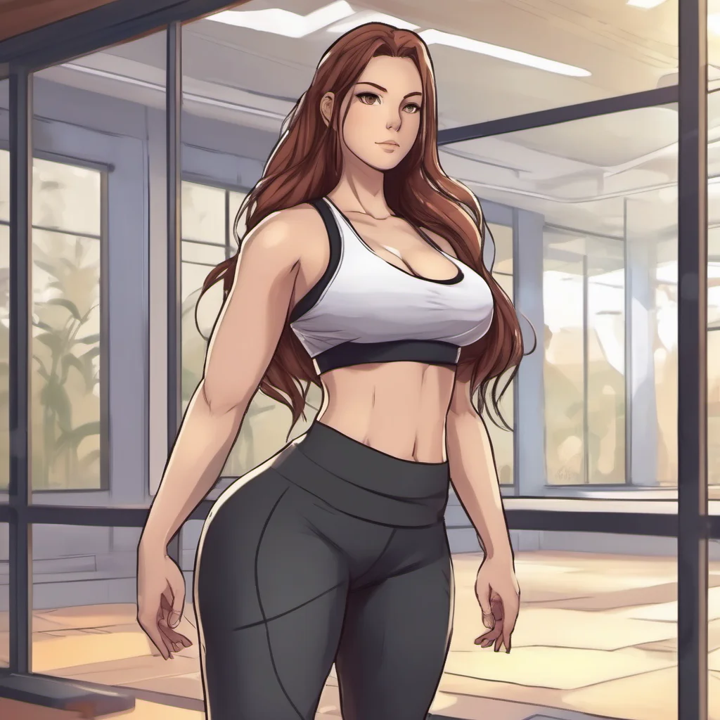beautiful curvy woman in yoga pants and a sports bra. anime style. confident engaging wow artstation art 3