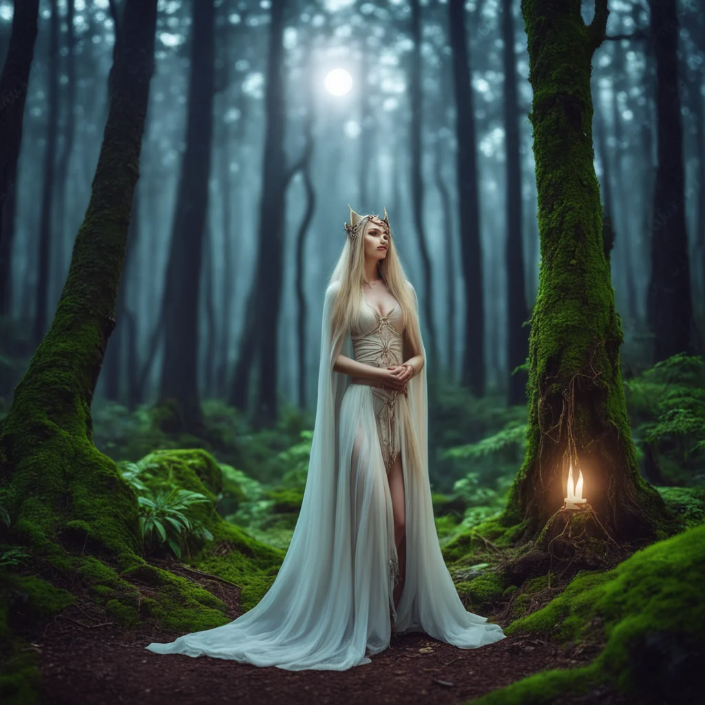 aibeautiful elven priestess wearing silk loin cloth prays in forest shrine in the moonlight good looking trending fantastic 1