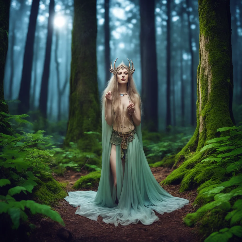 beautiful elven priestess wearing silk loin cloth prays in forest shrine in the moonlight