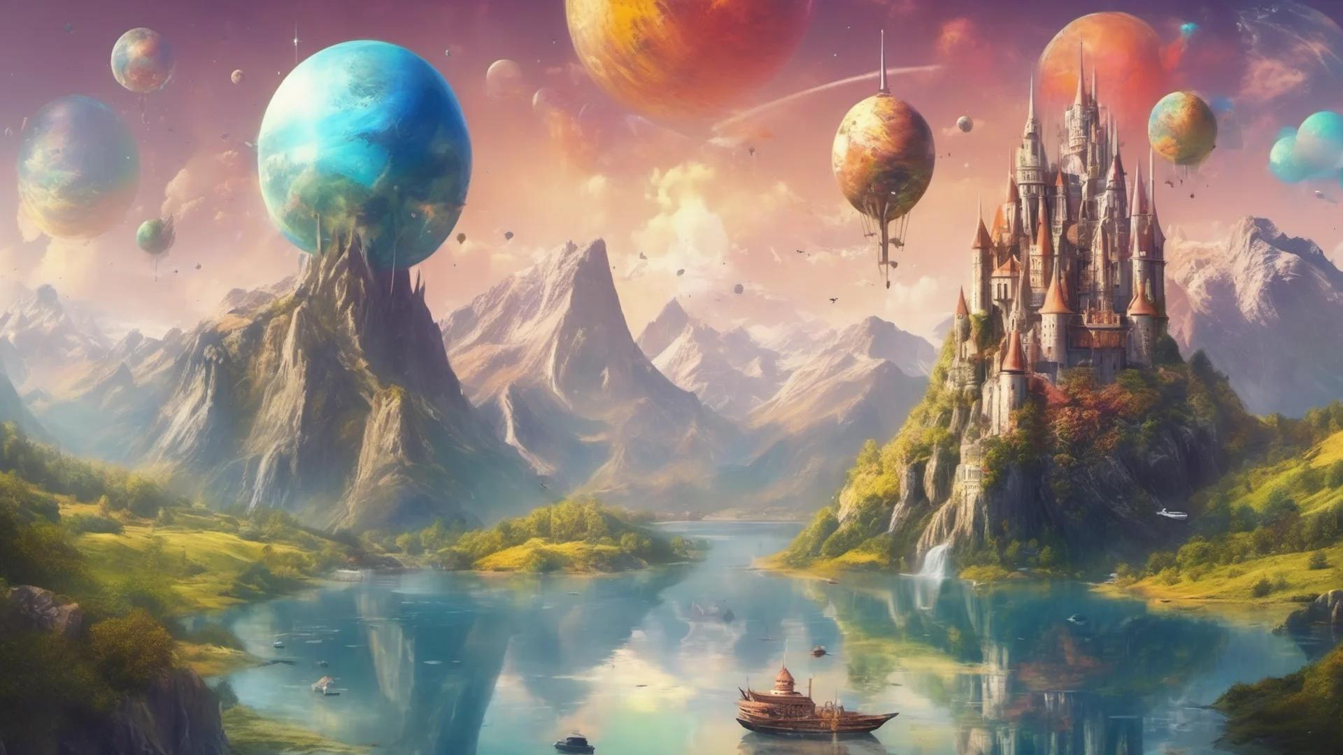beautiful environment castle on mountains with lakes colorful planets above small flying airships amazing awesome portrait 2 wide