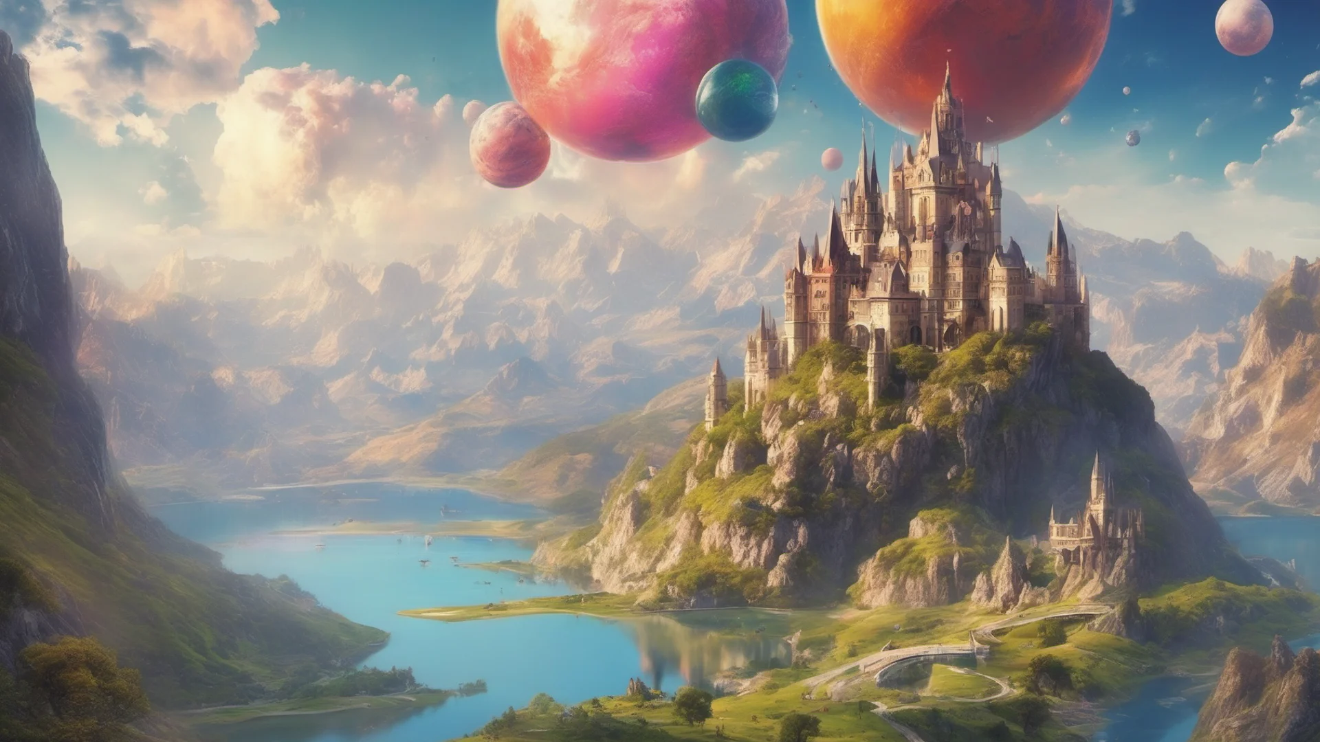 beautiful environment castle on mountains with lakes colorful planets above small flying airships confident engaging wow artstation art 3 wide